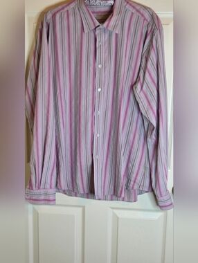 Ted Baker 7/3XL Pink & Gray Striped Logo Cotton Blend Men"s Dress Shirt